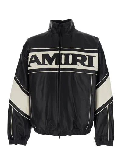 Amiri Black Jacket With High Neck And Maxi Logo Lettering On The Front And Back In Leather Man In Multi
