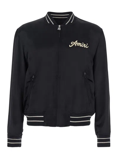 AMIRI BLACK JACKET WITH LOGO ON THE FRONT AND BACK IN TECH FABRIC MAN