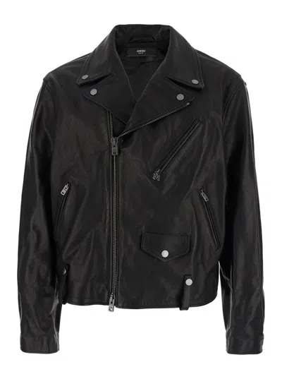AMIRI BLACK JACKET WITH WIDE NOTCHED REVERS AND MAXI LOGO LETTERING PRINT ON THE REAR IN LEATHER MAN