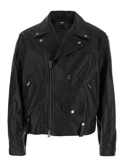 AMIRI BLACK JACKET WITH WIDE NOTCHED REVERS AND MAXI LOGO LETTERING PRINT ON THE REAR IN LEATHER MAN