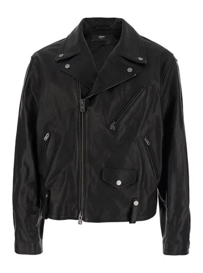 AMIRI BLACK JACKET WITH WIDE NOTCHED REVERS AND MAXI LOGO LETTERING PRINT ON THE REAR IN LEATHER MAN