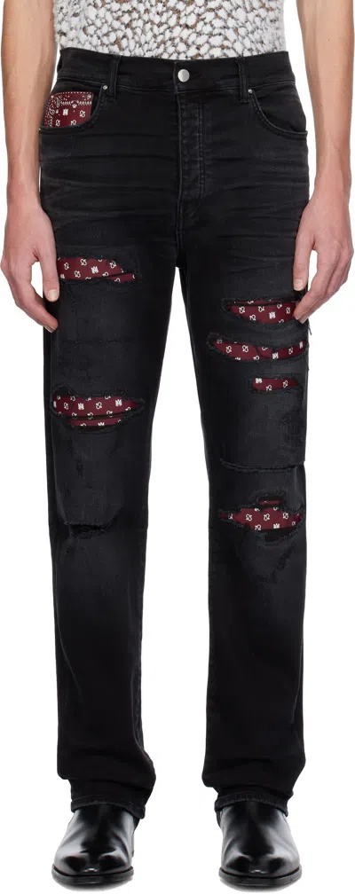 Amiri Black Leather Bandana Repaired Slim Jeans In Vintage Black