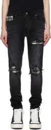Amiri 'ma Quad Plais Mx1' Black Jeans With Ripped Details On The Front And Decorative Patches In Vintage Black