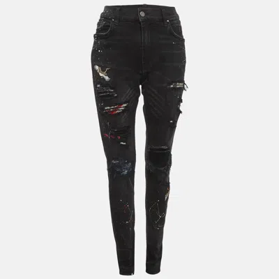 Pre-owned Amiri Black Paint Denim Distressed Jeans L/waist 32"
