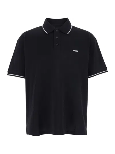 AMIRI BLACK POLO SHIRT WITH CLASSIC COLLAR AND LOGO LETTERING EMBROIDERY ON THE FRONT IN COTTON MAN