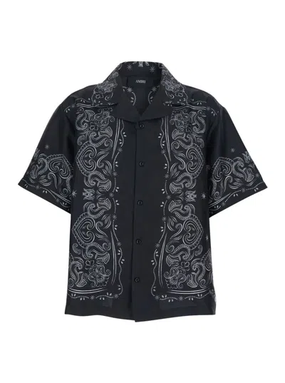 Amiri Black Shirt With Cuban Collar And All-over Bandana Print In Silk Man In Multi