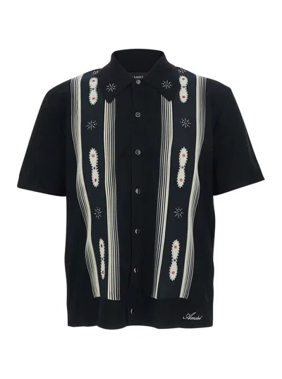 Amiri Men Black Shirt With Pointed Collar And Beaded Front Detail In Cotton Blend Man