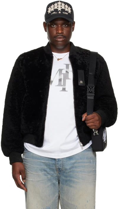 Amiri Black Zip Front Shearling Bomber Jacket In Black-shearling