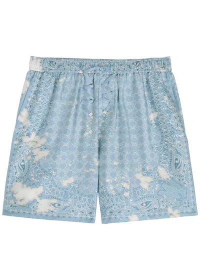 Amiri Bleach Bandana Logo-monogrammed Silk-satin Shorts In Blue
