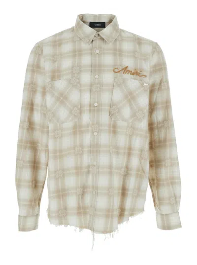 AMIRI BEIGE SHIRT WITH CHECK PATTERN AND LETTERING LOGO ON FRONT AND BACKIN FLANNEL MAN