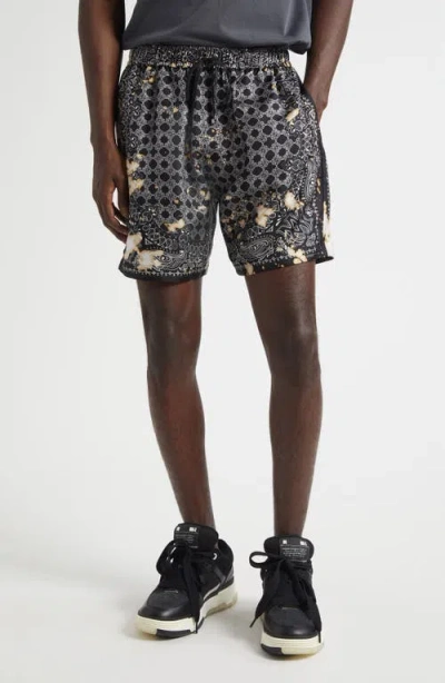 Amiri Bleach Bandana Silk Drawstring Shorts In Gray