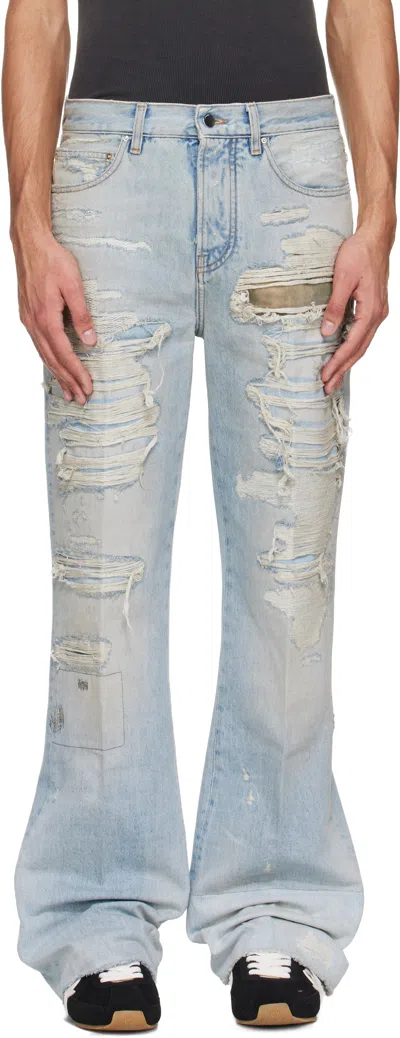Amiri Blue Camo Repair Boot Cut Jeans