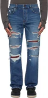 Amiri Thrasher Slim Fit Distressed Floral Velvet Patch Jeans In Blue