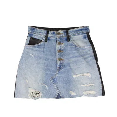 Amiri Blue Denim And Black Leather Fringe Mini Skirt