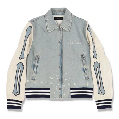 Pre-owned Amiri Blue Denim And Leather Bones Logo Varsity Jacket