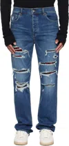 Amiri Thrasher Slim Fit Distressed Floral Velvet Patch Jeans In Blue