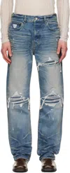 Amiri Blue Jeans With Ripped Details On The Front And Logo Patch On The Rear In Denim Man