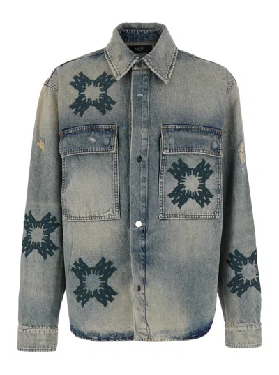 Amiri Blue Shirt With All-over Ma-quad Prints In Denim Man In Multicolor
