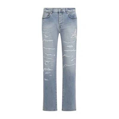 Amiri Worn Slate Blue Cotton Repaired Slim Jeans In Animal Print
