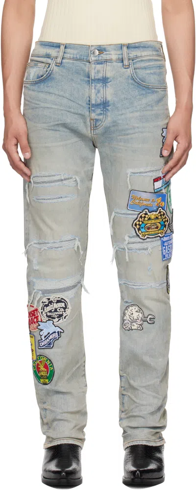 Amiri Blue Station Patch Repair Slim Jeans