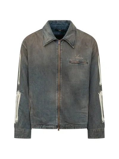 Amiri Bones Leather-patch Denim Jacket In Blue