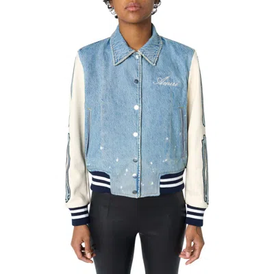 Amiri Bones Mixed Media Varsity Jacket In Blue