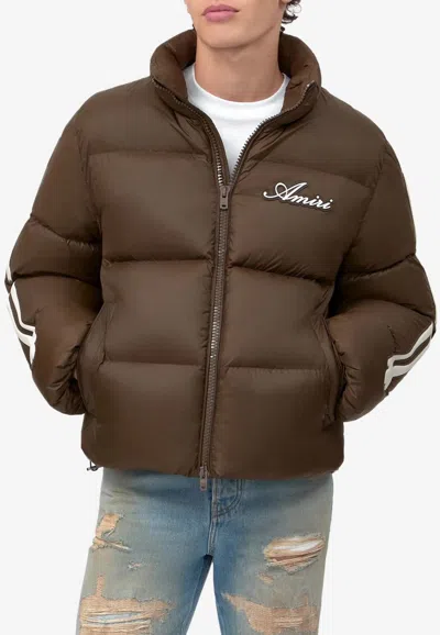 Amiri Short Puffer Jacket High Collar Contrast Panels In Brown