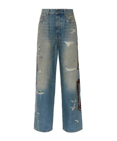Amiri Bones Studded Distressed Jeans In Blue