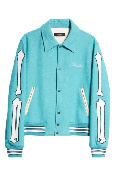 Amiri Bones Wool Blend Varsity Jacket In Sea Blue