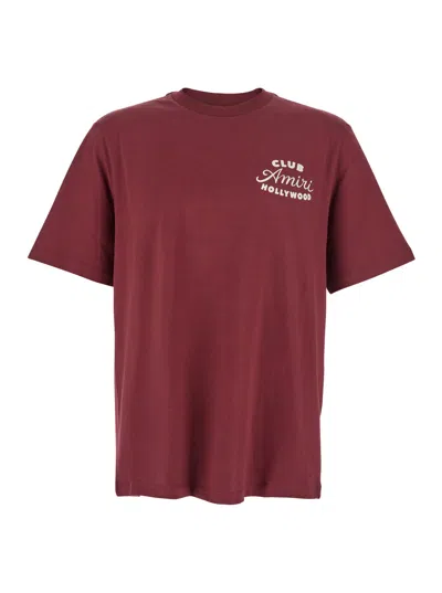 Amiri Bordeaux Crewneck T-shirt With Logo Lettering On The Front And Maxi Logo Print On The Rear In Cotton In Brown