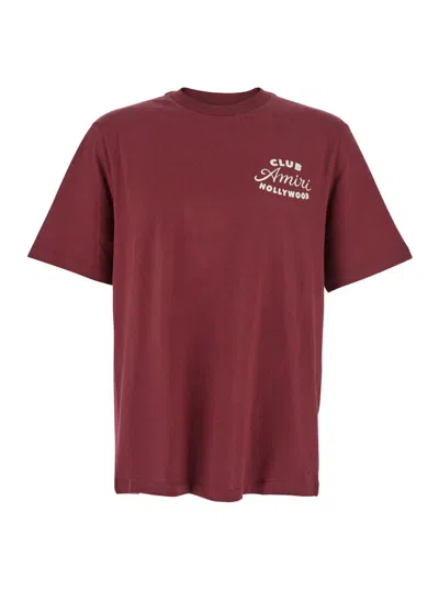 AMIRI BORDEAUX CREWNECK T-SHIRT WITH LOGO LETTERING ON THE FRONT AND MAXI LOGO PRINT ON THE REAR IN COTTON