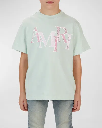 Amiri Kids' Boy's Bandana-print Staggered Logo-print T-shirt In Surf Spray
