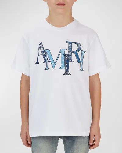 Amiri Kids' Boy's Bandana-print Staggered Logo-print T-shirt In White