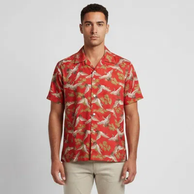 Pre-owned Amiri Brick Red Crane Print Silk Short Sleeve Shirt S