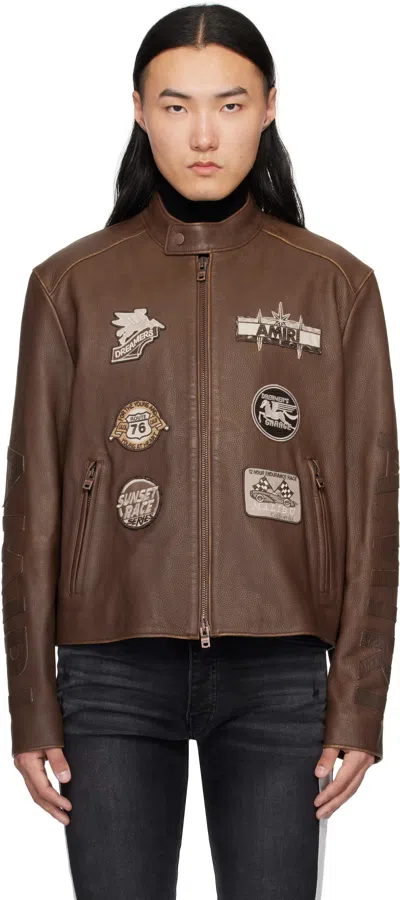 AMIRI BROWN 'AMIRI' PATCH RACER LEATHER JACKET