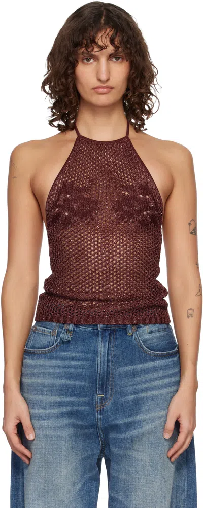 Amiri Burgundy Floral Crochet Open Back Tank Top In Brown