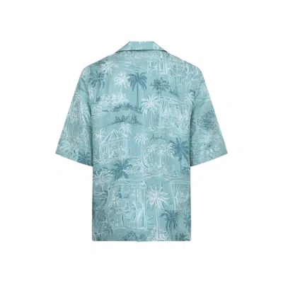 Amiri Ceramic Teal Blue Silk Chateau Sketch Bowling Shirt In Green