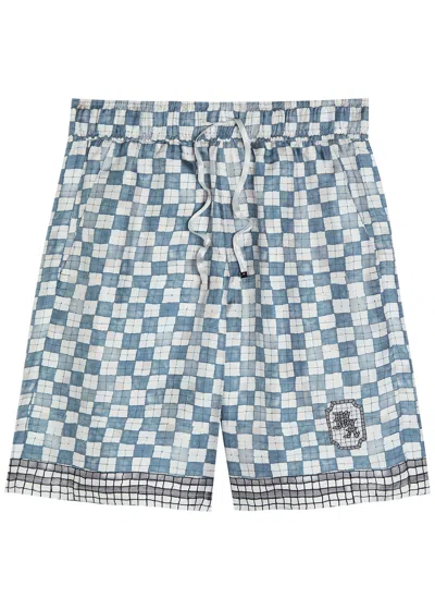 Amiri Chateau Crest Checked Silk Shorts In Gray