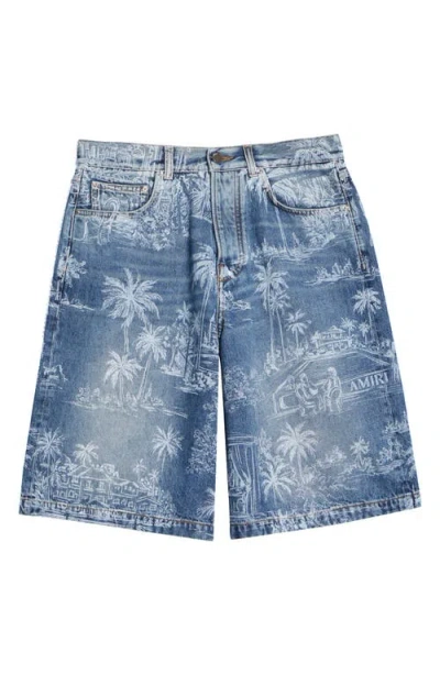 Amiri Chateau Palms Denim Shorts In Blue