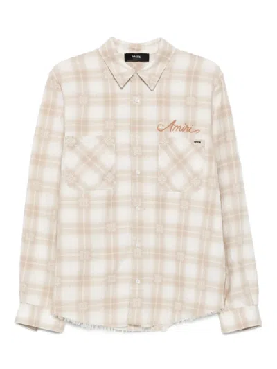 Amiri Checked Frayed Shirt In Brown