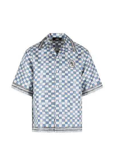 Amiri Silk Shirt Camp Collar Checkered Pattern In Blue