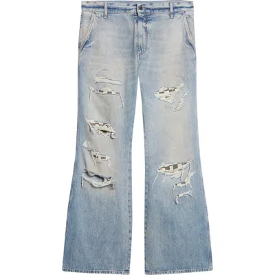 Amiri Checkered Rip & Repair Bootcut Jeans In Blue