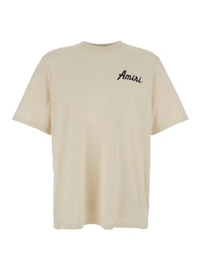 AMIRI CITY BEIGE CREWNECK T-SHIRT WITH LOGO DETAIL ON THE FRONT AND MAXI LOGO PRINT ON THE REAR IN COTTON 
