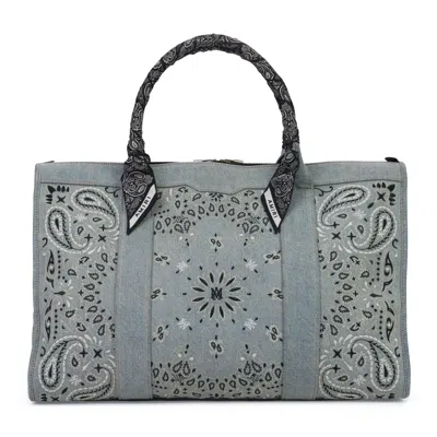 Amiri Clay Indigo Bandana Denim Weekender Bag In Gray