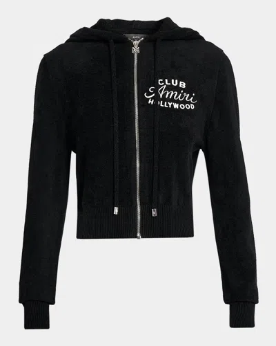 Amiri Club  Embroidered Velour Crop Zip Hoodie In Black