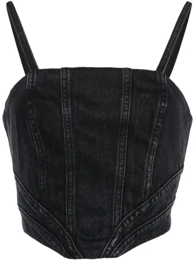 Amiri Denim Crop Corset Top In Faded Black
