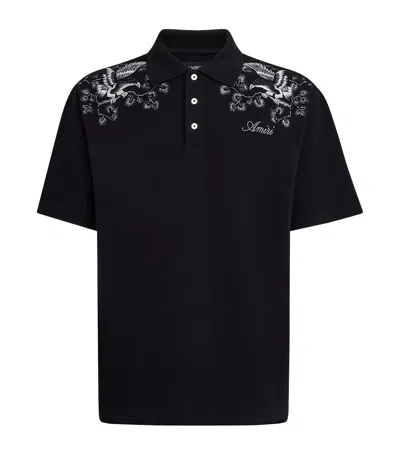 Amiri Cotton Floral Embroidered Polo Shirt In Black