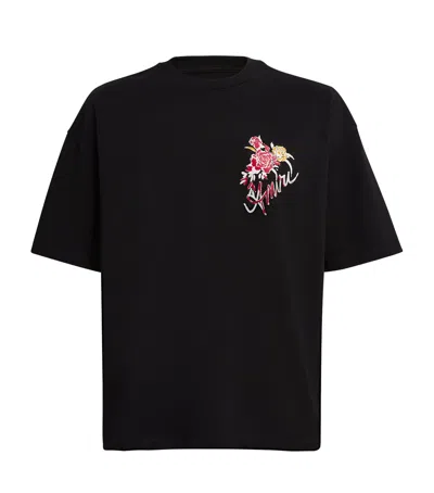 Amiri Cotton Roses Print T-shirt In Black