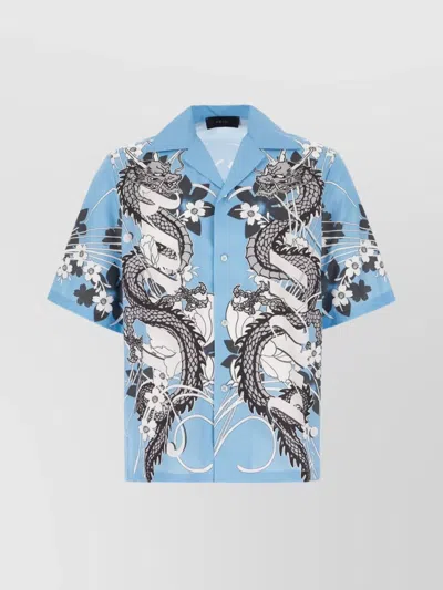 Amiri Cotton Shirt With Dragon Print And Camp Collar In Blue