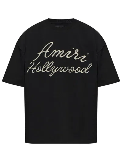 Amiri Crewneck Sweatshirt With Chenille Logo Appliqué And Short Sleeves In Nero